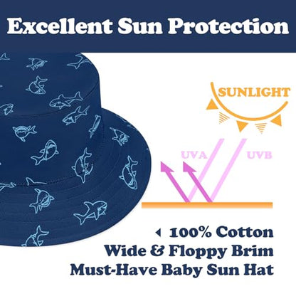 Sarfel Baby Sun Hat Toddler Sun Hat UPF 50+ Baby Bucket Hats Infant Toddler Beach Essentials Kids Summer Hats Boys Girls Cap - color: Navy Sharks, size: 2-4T