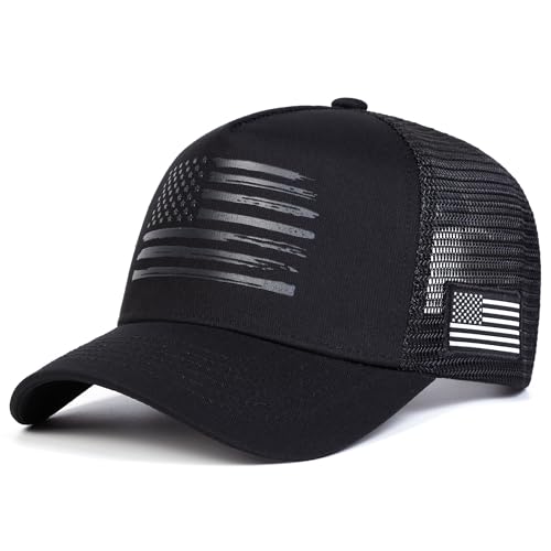 American Flag Trucker Hat, Breathable Mesh Snapback Baseball Cap for Men Women - color: Black