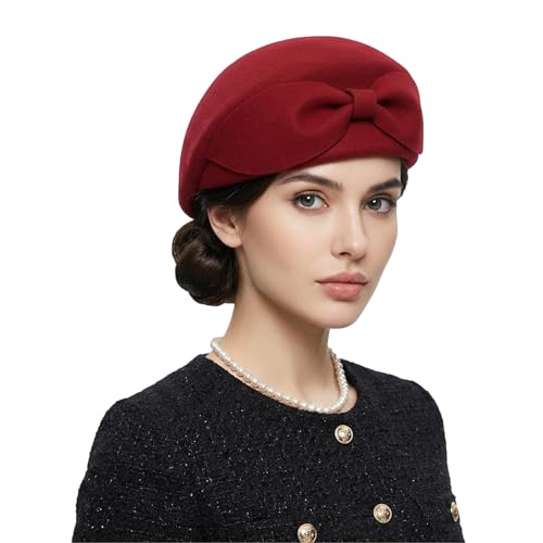 Womens Wool Felt French Berets Pillbox Hat Vintage Beanie Beret Bowknot Cap - color: 1 Wine Red