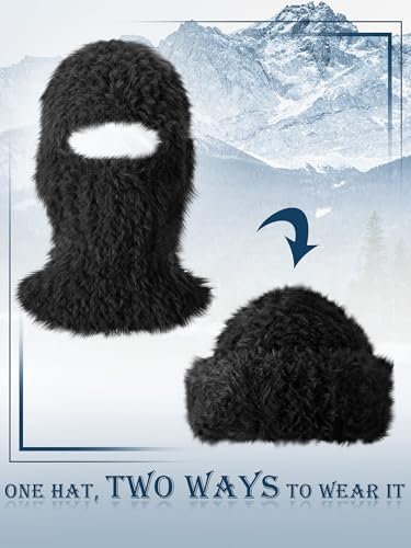 Furry Balaclava Ski Mask for Man Woman, Fluffy Winter Face Cover - color: Black