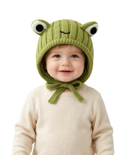 AMPOSSTO Baby Knitted Earflap Beanie Hat Cute Frog Winter Warm Ear Protection Skull Caps with Big Eyes for Boys Girls - color: Green