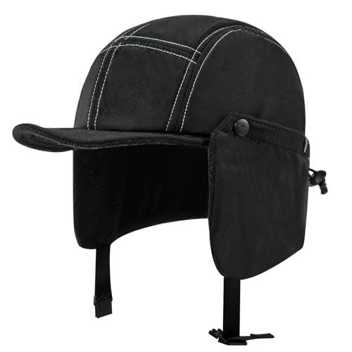 Clakllie Winter Earflaps Hat Short Brim Baseball Cap with Ear Flap Warm Trapper Hat Soft 5 Panel Style Russian Hats - color: Cdus-bswd2403-black