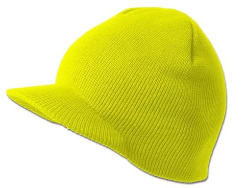 1 Pc of Neon Yellow Solid Cuffless Beanie Hat with Visor, Acrylic Knit, One Size, Unisex