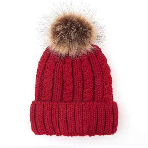 C.C Kids' Suede Patch Snuggly Soft Warm Knit Pom Cuff Beanie - color: Cable Knit Faux Fur, Red