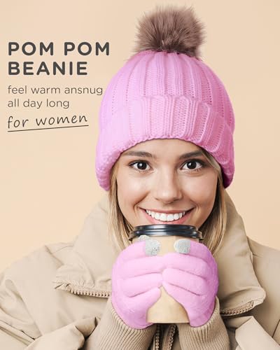 Haysandy 6 Pcs Winter Beanie Hat Gloves Set for Women Warm Knitted Hat Skull Cap with Pom Pom and Touchscreen Glove for Women - color: Navy Blue, White, Pink
