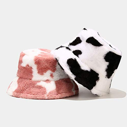 Winter Faux Fur Furry Bucket Hat Fluffy Fuzzy Warm Hat Plush Fisherman Hat for Women Men Teens Girls - color: Cow Print