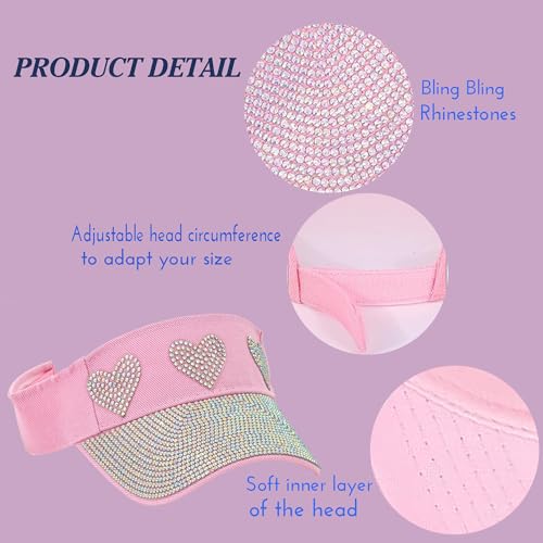 Bling Visor Shiny Rhinestones Sport Sun Adjustable Summer Cap Visor Caps for Women Men - color: Heart-pink