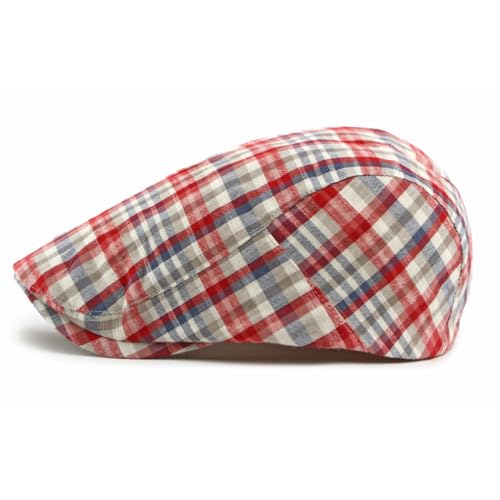Mens Plaid Newsboy Flat Cap Ivy Gatsby Driving Hunting Cabbie Hat - color: Red-plaid D