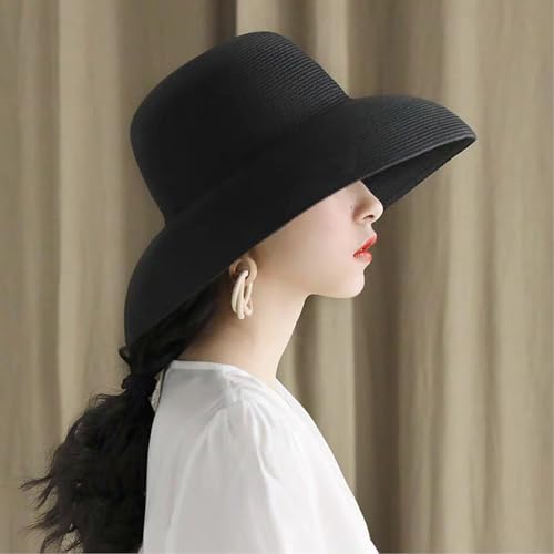 Women's Floppy Wide Brim Summer Beach Straw Hat UPF 50+ Sun Hat - color: Black