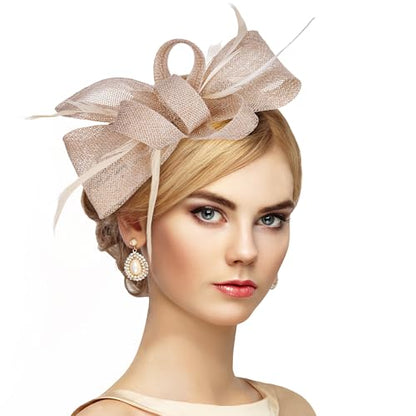 Zinniday Victoria Tea Party Hat - 2025 Bow Derby Attire Hats with Hairpin,1920s 50s Feather Fascinators for Women - color: Champagne