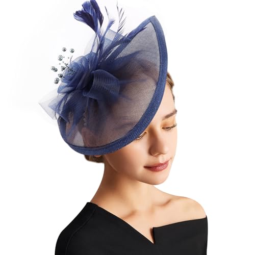 AQOKKA Women Fascinators Hats Flower Fascinators with Headband and Clip Tea Party Headwear for Women and Girls - color: Feather Flower: Navy a