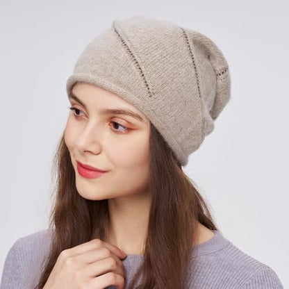 Women's Knitted Angora Wool Hat for Autumn and Winter Warm and Stylish with Rolled Brim and Slanted Rhinestones Cap - color: New-camel