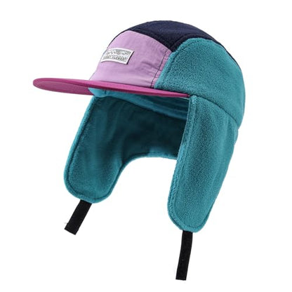 Retro Patchwork Polar Fleece Trapper Hat with Visor, Warm Winter Earflap Cap Flat Brim 5 Panel Baseball Ushanka Hats - color: Mg-lfm25128-blue