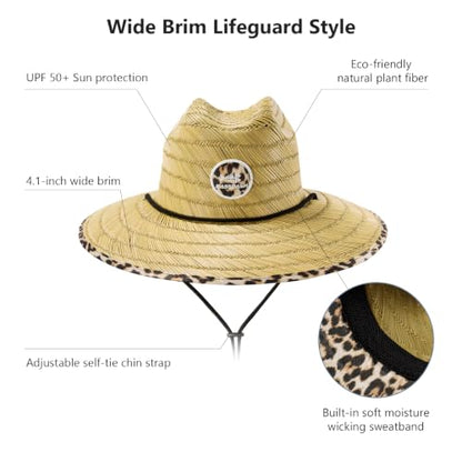 BASSDASH UPF 50+ Wide Brim Lifeguard Straw Hat for Beach Fishing Outdoor - color: Leopard