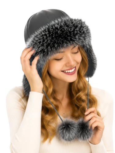 DLNYC Women’s Faux Leather Winter Hat with Faux Fur Trim, Soft Lined Cap with Hanging Cords & Pom-Poms, Warm Stylish Hat - color: Black & Silver