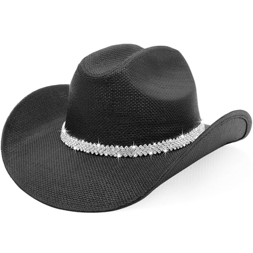 WQWOVRVO Cowboy Hat,Cowgirl hat,Brown Cowboy Hats for Women/Mens Straw Wide with Shapeable Brim Western Cowboy Hat for Womens - color: Black