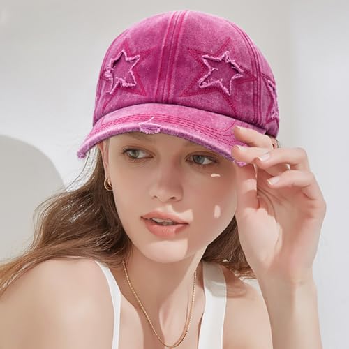 Retro Washed Distressed Baseball Cap with Five Pointed Stars for Women Men - color: Rose Red