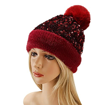 Women Sparkly Sequins Knitted Beanie Hat Warm Winter Skull Cap with Faux Fur Pom Pom - color: Wine Red