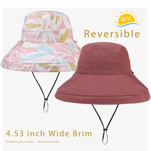 vidsel Womens Sun Hats Wide Brim Reversible Bucket Cotton Hat with Hat Clip - color: Wine Red2, size: Medium