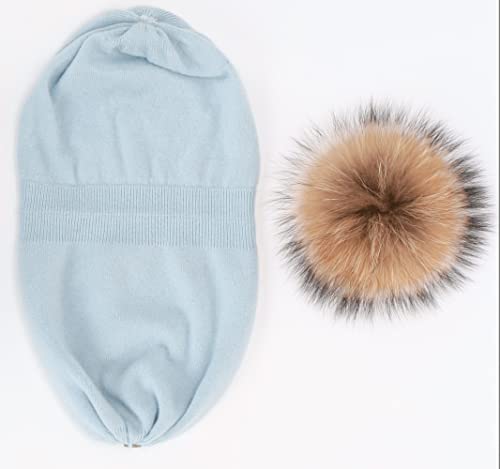 Women's Double Layer Winter Slouchy Knit Beanie Hat with Real Fur Pom Pom - color: Blue