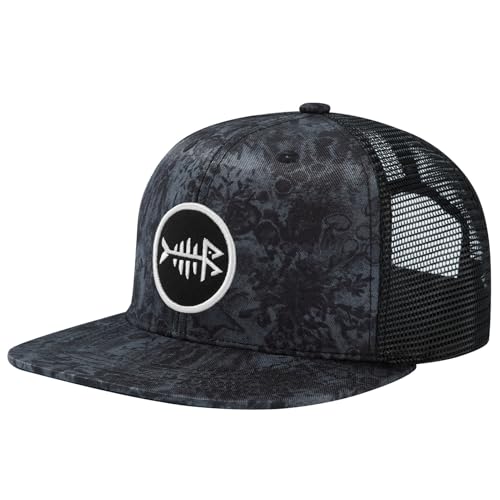 BASSDASH Flat Brim Trucker Cap Adjustable Snapback Hat Mesh Back for Men Women - color: Black Stone