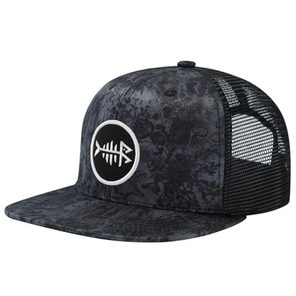 BASSDASH Flat Brim Trucker Cap Adjustable Snapback Hat Mesh Back for Men Women - color: Black Stone