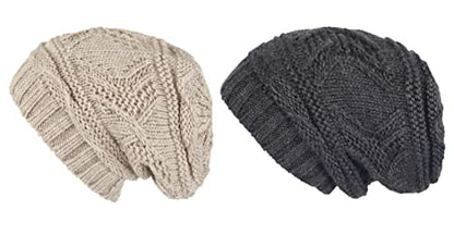 Lilax Knit Slouchy Oversized Soft Warm Winter Beanie Hat - color: Beige/Gray - 2 Pack