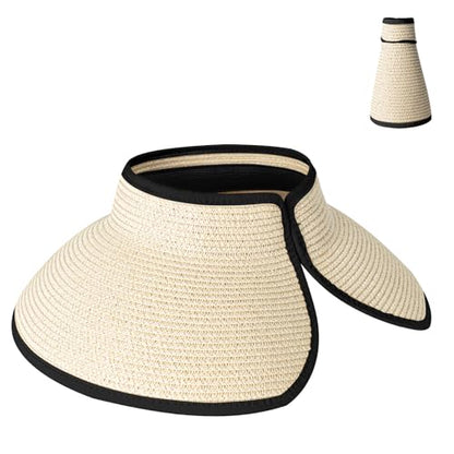 Women's Sun Visor Hats Wide Brim Straw Beach Hat Ponytail Hats for Women Foldable Floppy - color: 1pack-no Bow-beige2