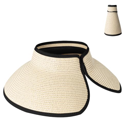 Women's Sun Visor Hats Wide Brim Straw Beach Hat Ponytail Hats for Women Foldable Floppy - color: 1pack-no Bow-beige2