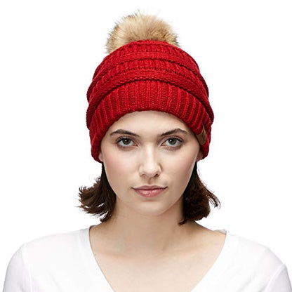 C.C Fur Pom Winter Fall Trendy Chunky Stretchy Cable Knit Beanie Hat - color: Solid Red