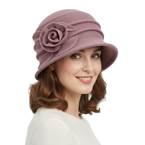 Women Cloche Bucket Hat 1920s Vintage Dress Winter Hats - color: Flower Pink