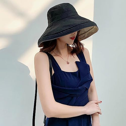 Women Wide Brim Sun Hats Metal Wired Edge Summer UV Protection Beach Fishing Hat for Hiking Garden Travel Chin Strap - color: Lant001-black, size: One Size