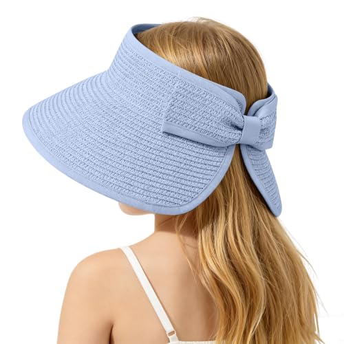 ZOORON Girls Straw Sun Visor Hat, Wide Brim Ponytail Beach Hat with Bow - color: Sky Blue