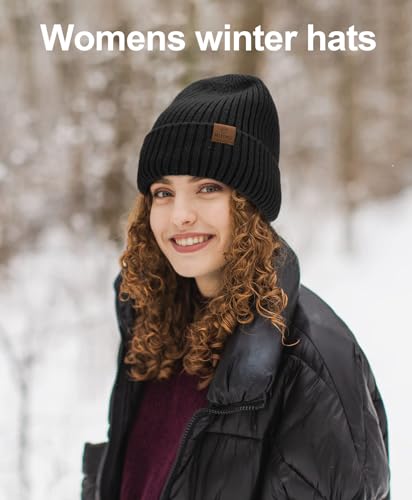 ZTL Merino Wool Beanie Hat for Men Women, Thick Warm Fleece Lined Knit Winter Hats Cuffed Beanie Stocking Hat Ski Skull Cap - color: Black