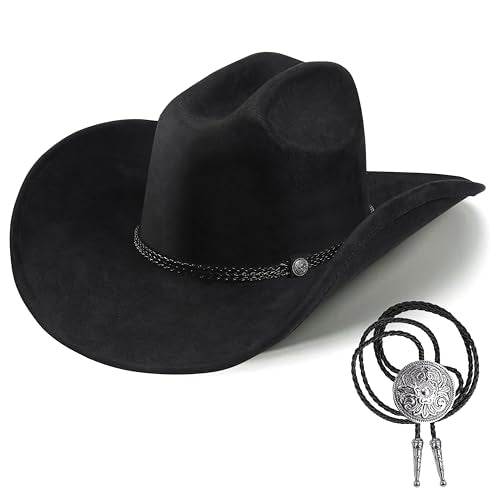 Western Cowboy Hat for Men Women,Shapeable Wide Brim Felt Fedora Classic Cowgirl Hats for Cowboys and Cowgirls,with bolo tie - color: Black-c, size: Medium-Large