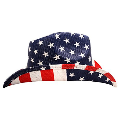 grinderPUNCH Straw Cowboy Hat for Men Women Western Cowgirl Outback Sun Hat - color: Modern Flag