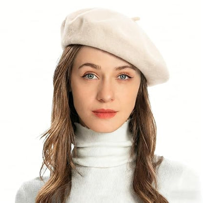 ZLYC Wool French Beret Hat Solid Color Classic Artist Cap for Women - color: Creamy-white