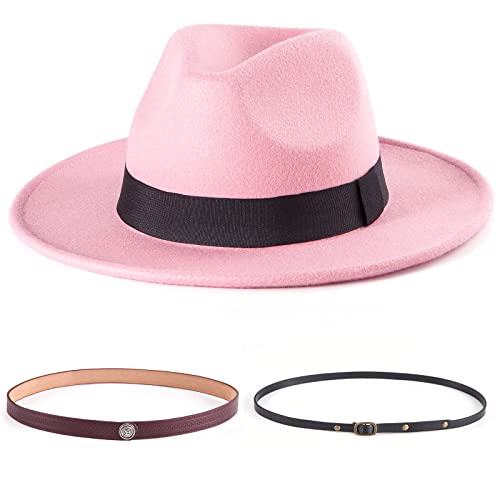 Felt Wide Brim Fedora Hats for Women Men, with Band Belt Buckle, Adjustable - color: P14 Pink