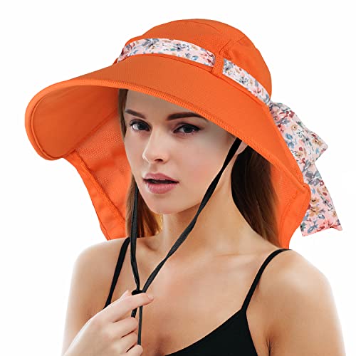 Solaris UPF 50+ Wide Brim Sun Hat for Women - Small Size Packable Lightweight, Floral Scarf Cooling Hat with Neck Flap - color: Orange-round