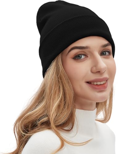 100% Cotton Beanies for Men Women Unisex Cuffed Knitted Skull Cap - color: Black