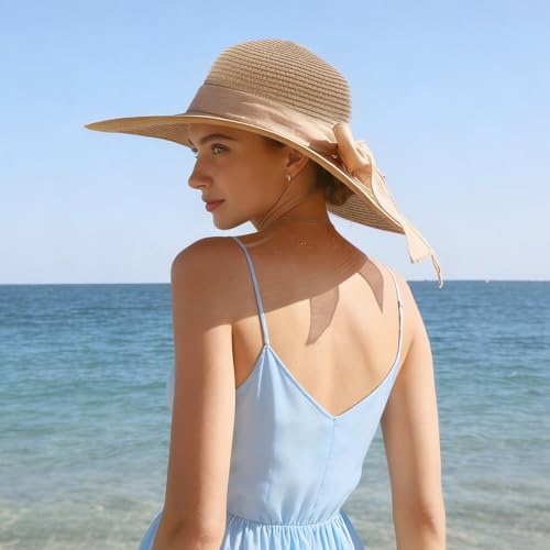 Oweisong Sun Beach Hats for Women Trendy Summer Vacation Straw Hat Boho Bow Wide Brim Packable Hat - color: Khaki