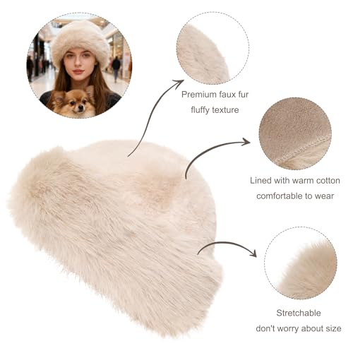Womens Faux Fur Hat Winter Thickened Bucket Hat Warm Faux Fur Hats Plush Mongolian Hats Russian Beret for Women - color: Beige