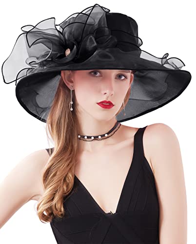 Women Derby Fascinator Hat Organza Church Wedding Hats Wide Brim Cocktail Tea Party Hat - color: 14black