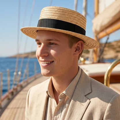 Straw Boater Hat for Men and Women, Flat Top Skimmer Hat for Amish Costumes - color: Black