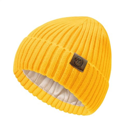 Durio Unisex Silk Lined Beanie Double Layered Winter Hats - color: Yellow