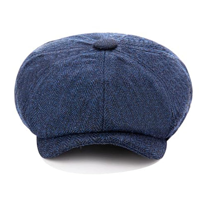 Men's Wool Newsboy Cap 8-Panel Tweed Taxi Hat Herringbone Gatsby Flat Hats - color: Navy Blue
