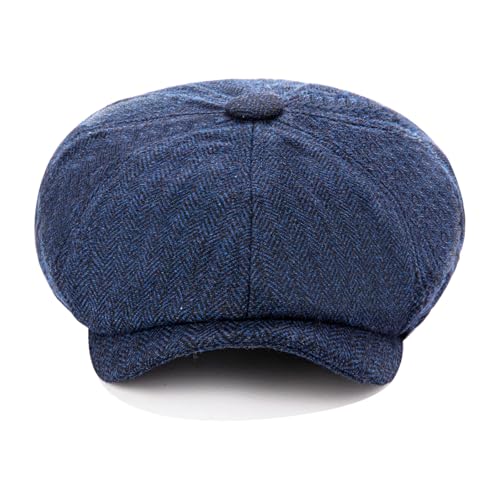 Men's Wool Newsboy Cap 8-Panel Tweed Taxi Hat Herringbone Gatsby Flat Hats - color: Navy Blue