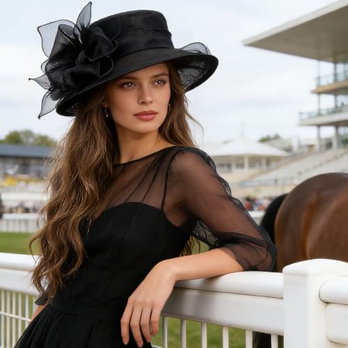 DRESHOW Women Organza Hat Church Cap Hats Clearance Kentucky Derby Cocktail Tea Party Wedding Flower Hat with Wide Brim - color: Bow Hat: Black