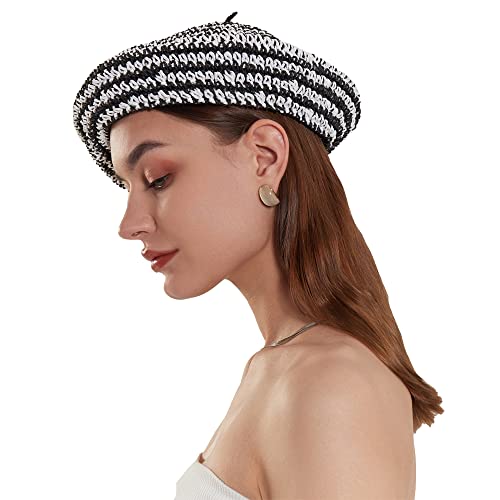 Straw Beret Summer French Beret Hats for Women Artist Crochet Beret - color: Striped