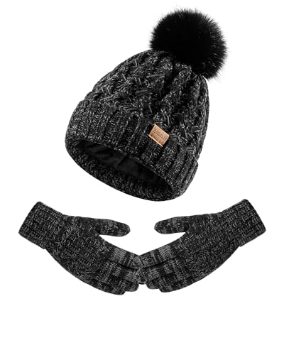 Women Winter Beanie Hat Gloves Set Pom Hat with Warm Fleece Lined Touchscreen Gloves for Cold Weather - color: Dark Grey